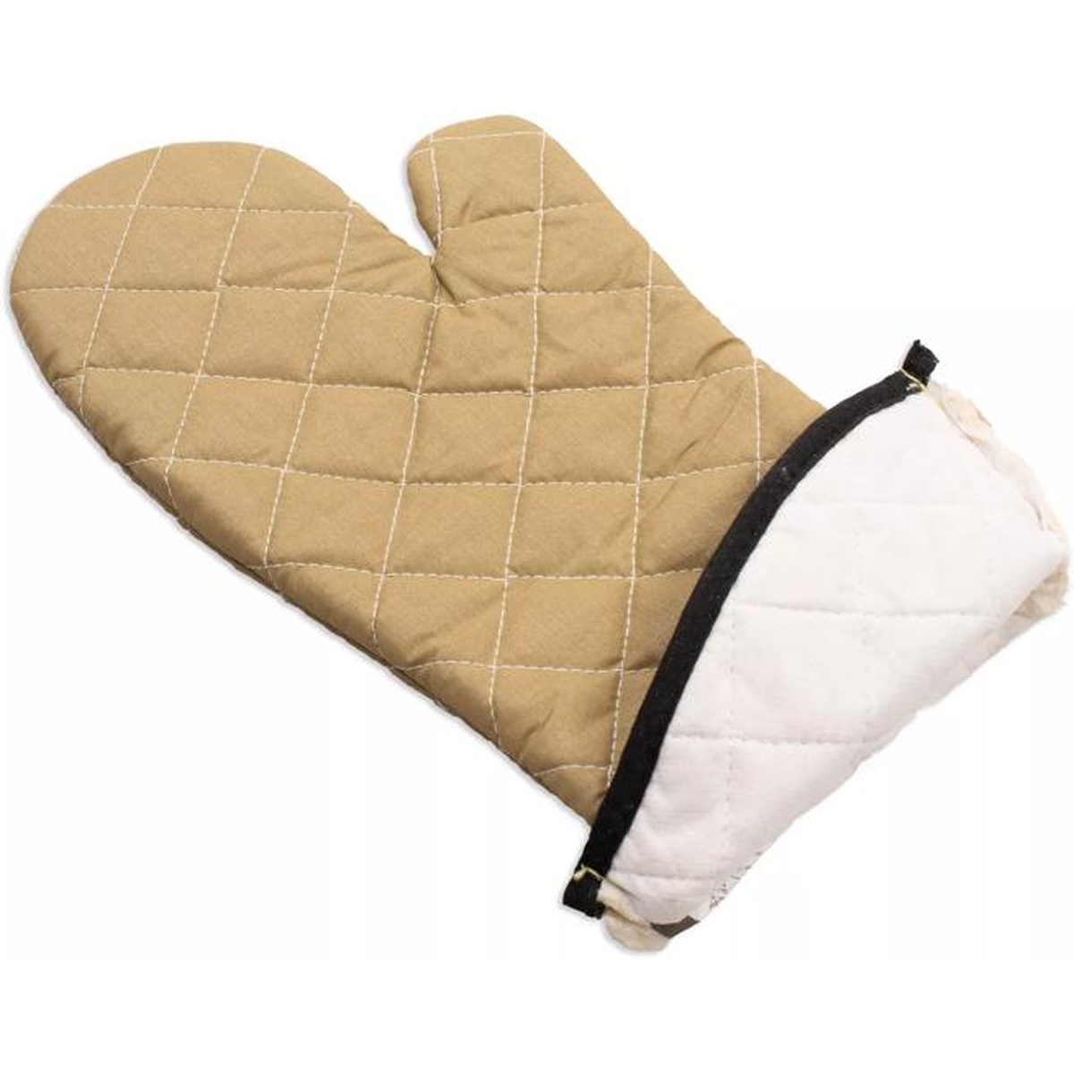 San Jamar Bestan oven mitt laid flat showing outer tan nonstick side and white quilted inner lining with hanging loop
