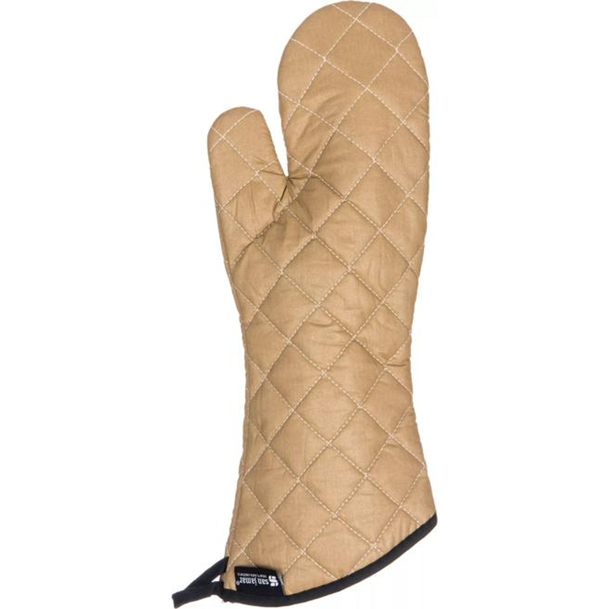 San Jamar Bestan 17-inch tan oven mitt standing upright showing diamond quilting and hanging loop detail