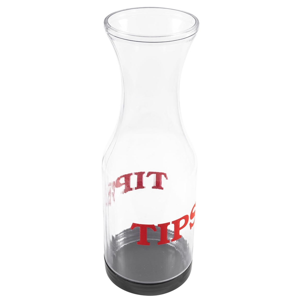 Angled side view of Tablecraft 812 TIPS carafe showing red TIPS label and black twist-off base