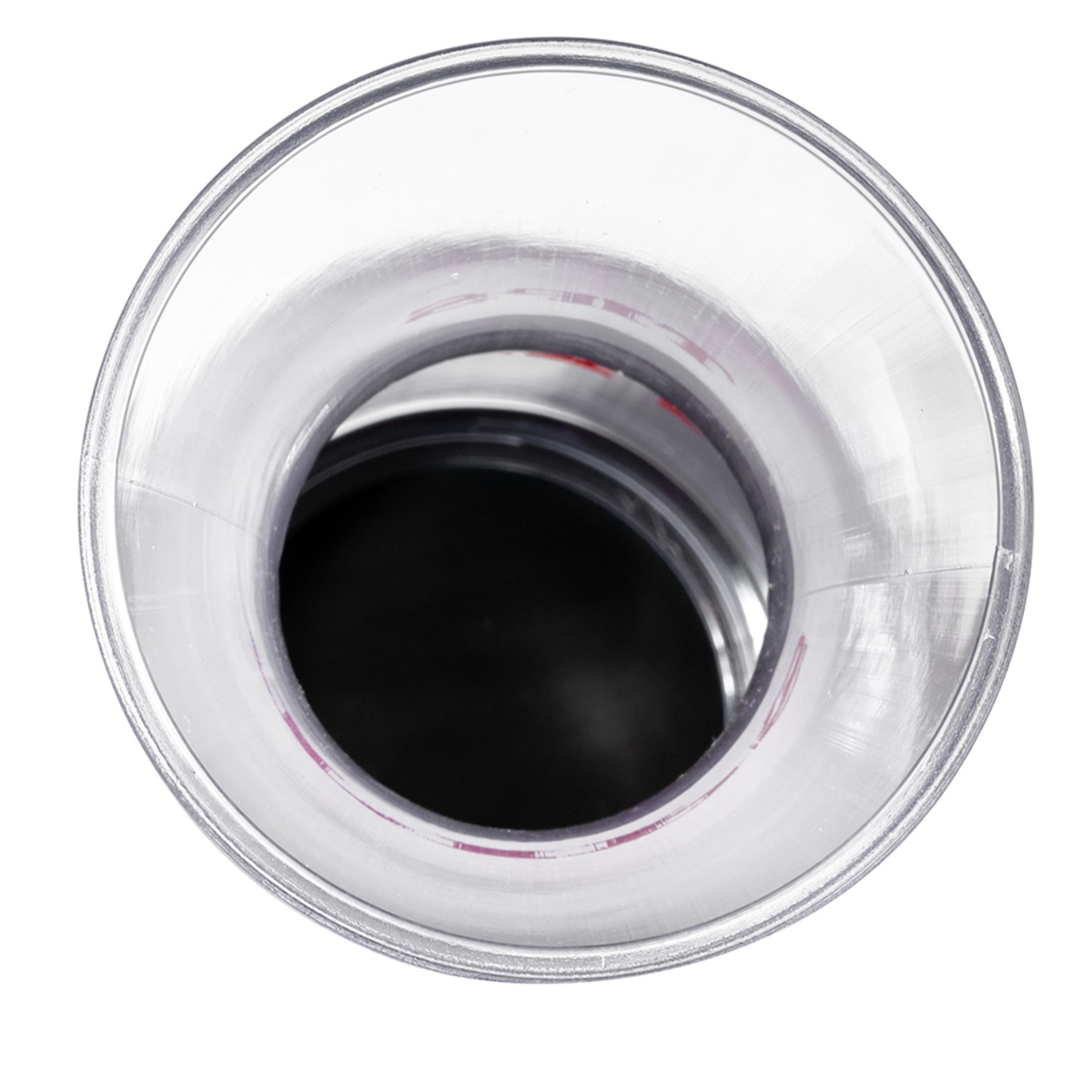 Top-down view looking into the open mouth of the Tablecraft 812 TIPS carafe showing interior and black base