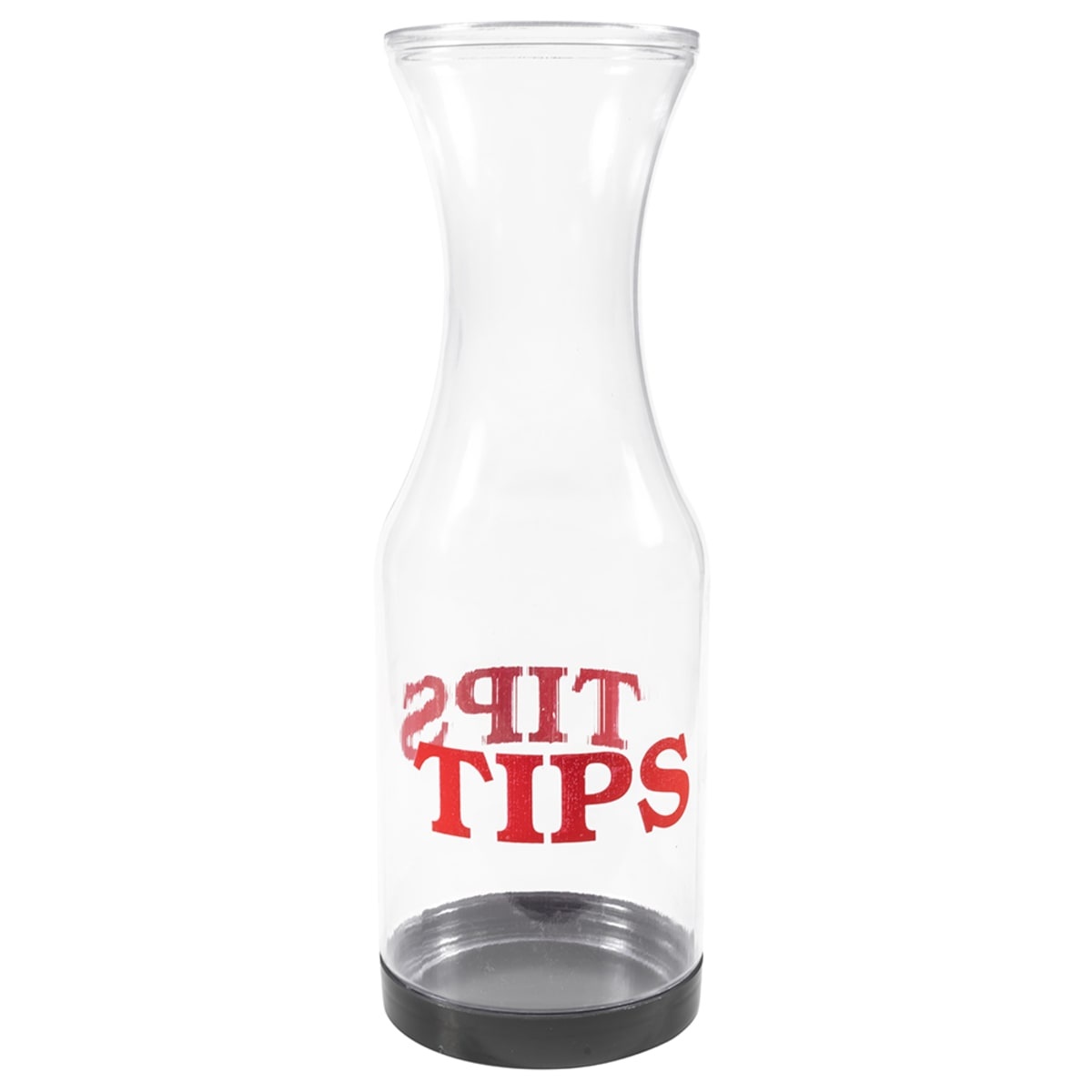 Tablecraft 812 clear SAN plastic TIPS carafe with red TIPS graphic and black twist-off bottom