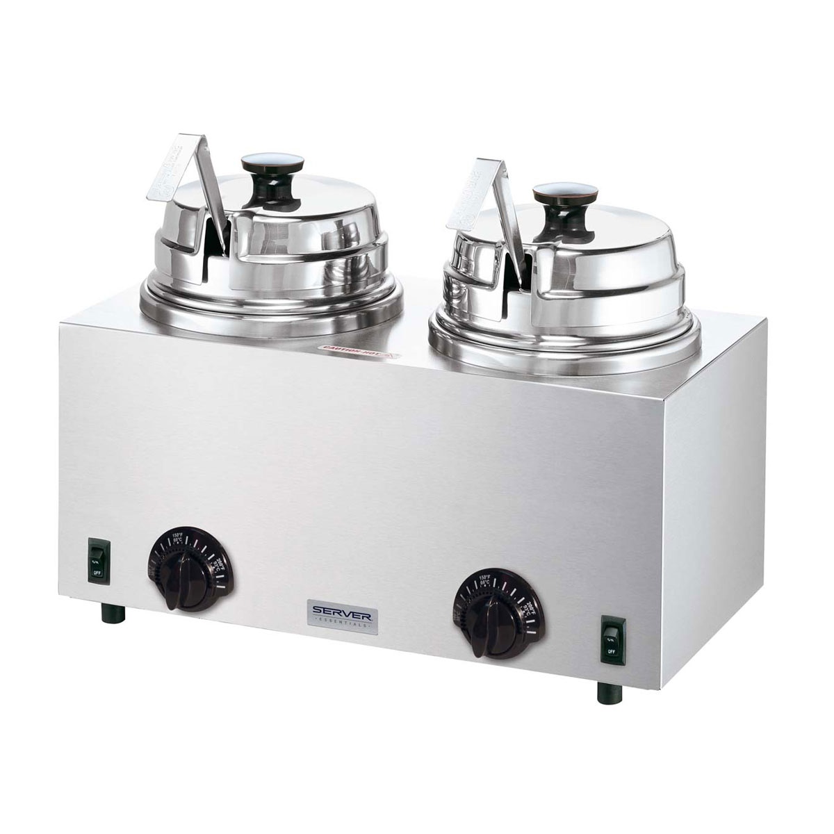 Server Products 81220 twin hot topping warmer with two stainless steel wells, lift-off lids, ladles, and individual thermostat controls