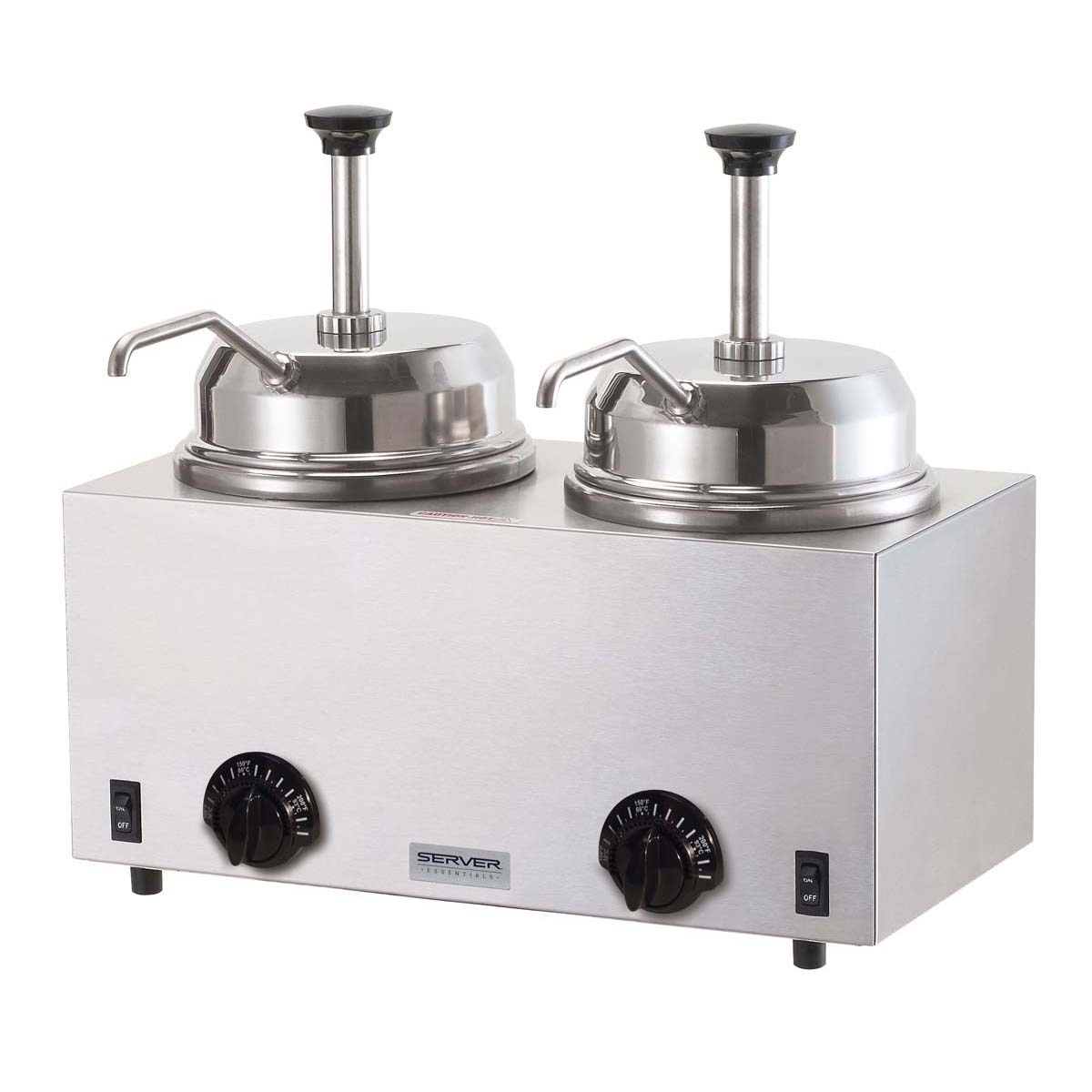 Server Products 81230 Twin Topping Warmer with two stainless steel pump dispensers and individual thermostat controls