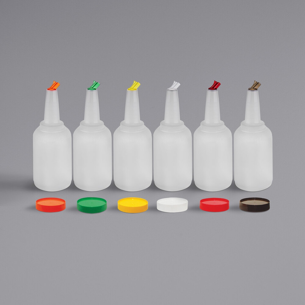 Six translucent 1-gallon PourMaster pour bottles with assorted color snap-tight spouts and matching storage caps in orange, green, yellow, white, red, and brown
