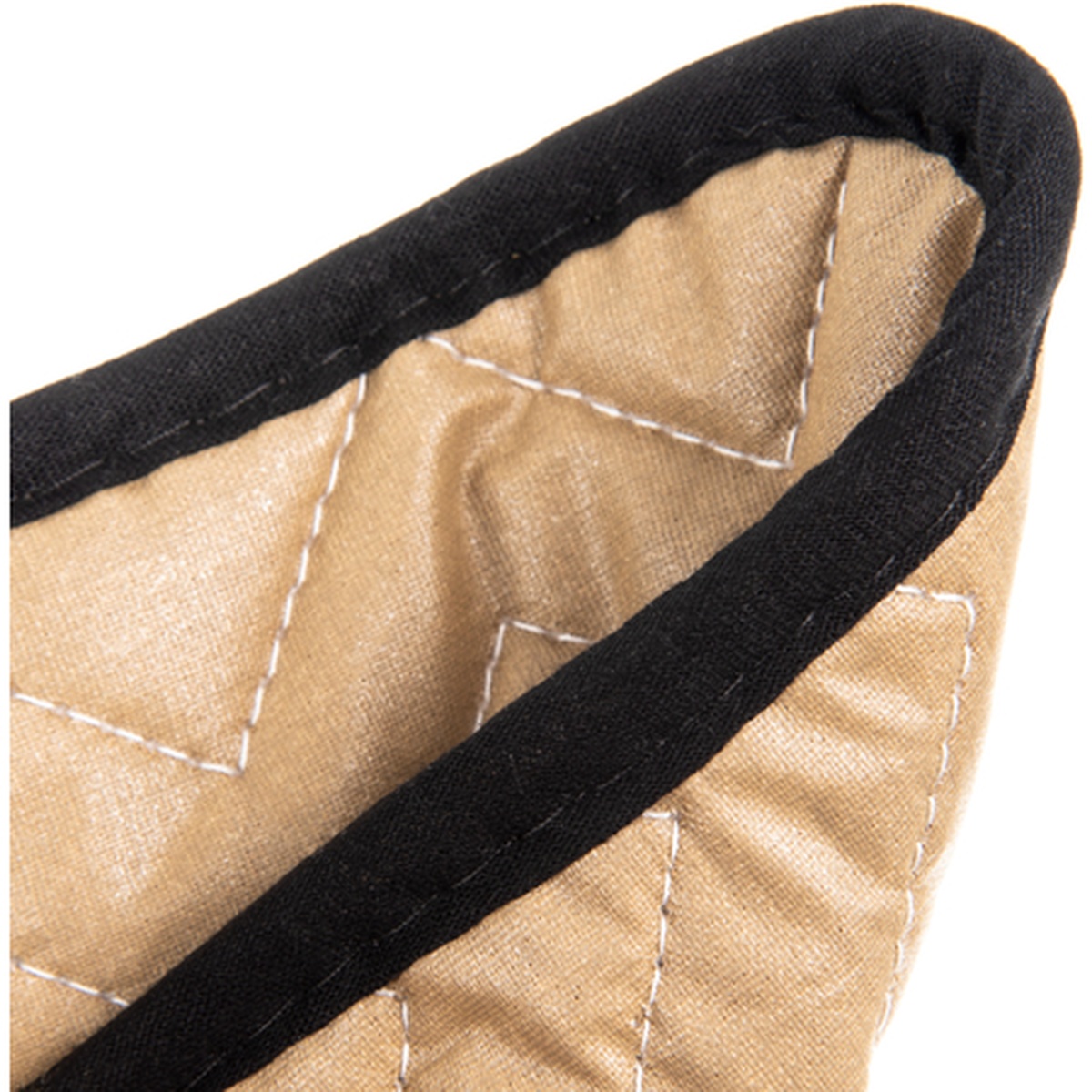 Close-up of Carlisle 812TPH tan quilted Bestan potholder with black binding and diamond-stitch pattern