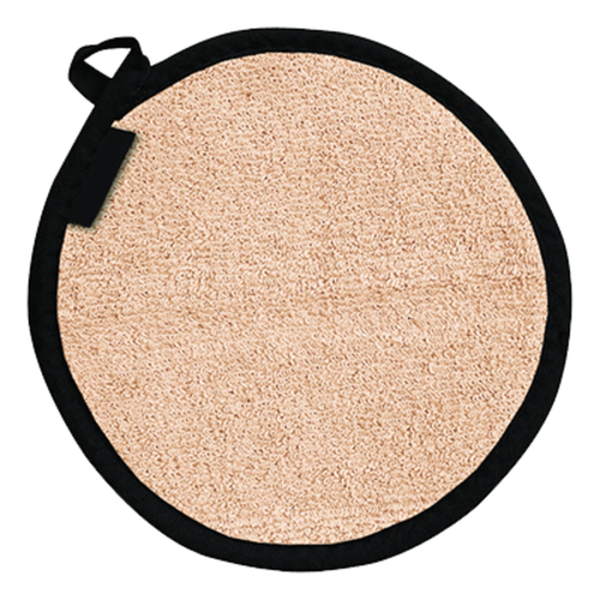 San Jamar 813RPH 8-inch round beige terry cloth pot holder with black border and hanging loop