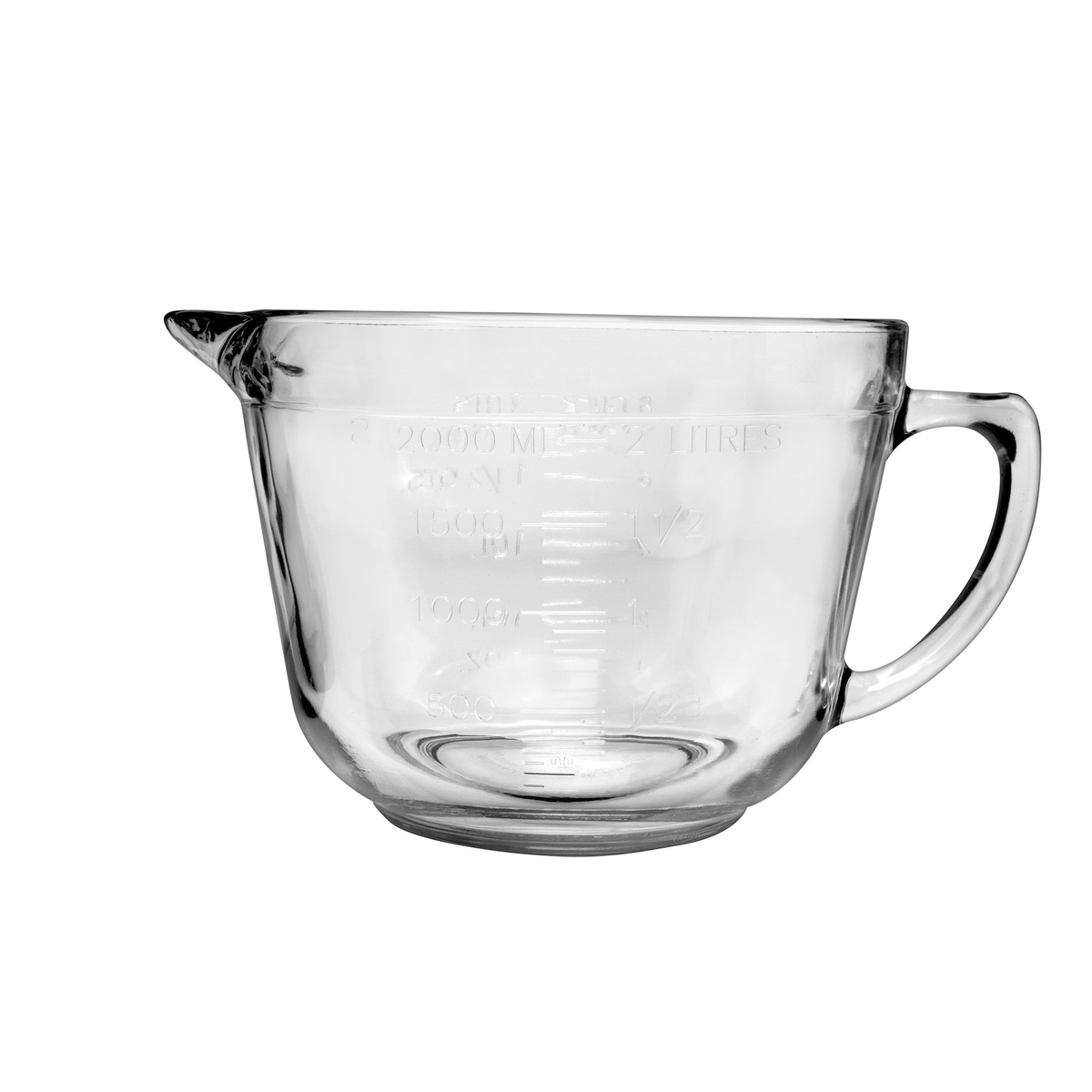 Anchor Hocking 81605L20 clear glass 64 oz batter bowl with handle, pour spout, and embossed measurement markings