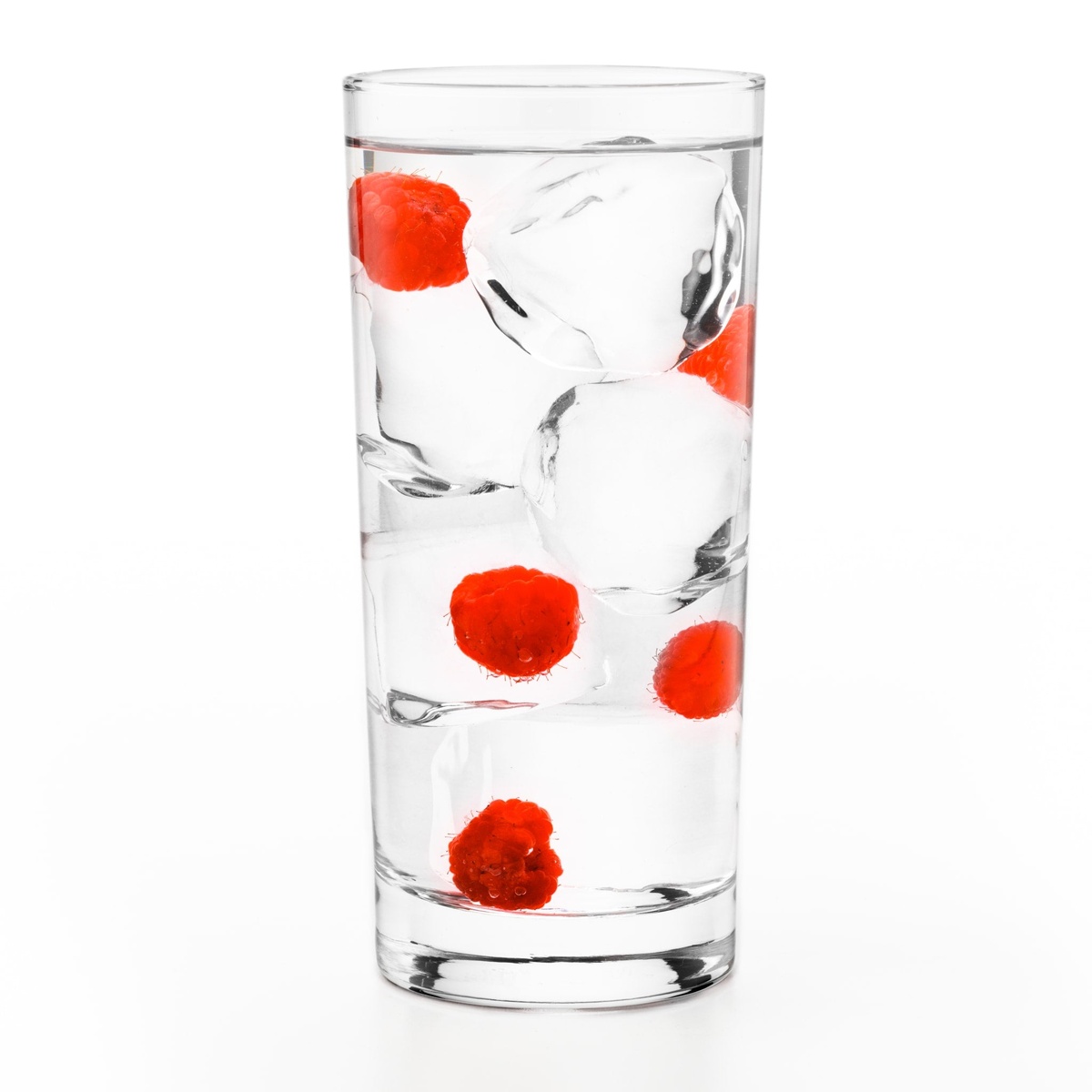 Libbey 817CD heavy base cooler glass filled with water, ice cubes, and fresh raspberries