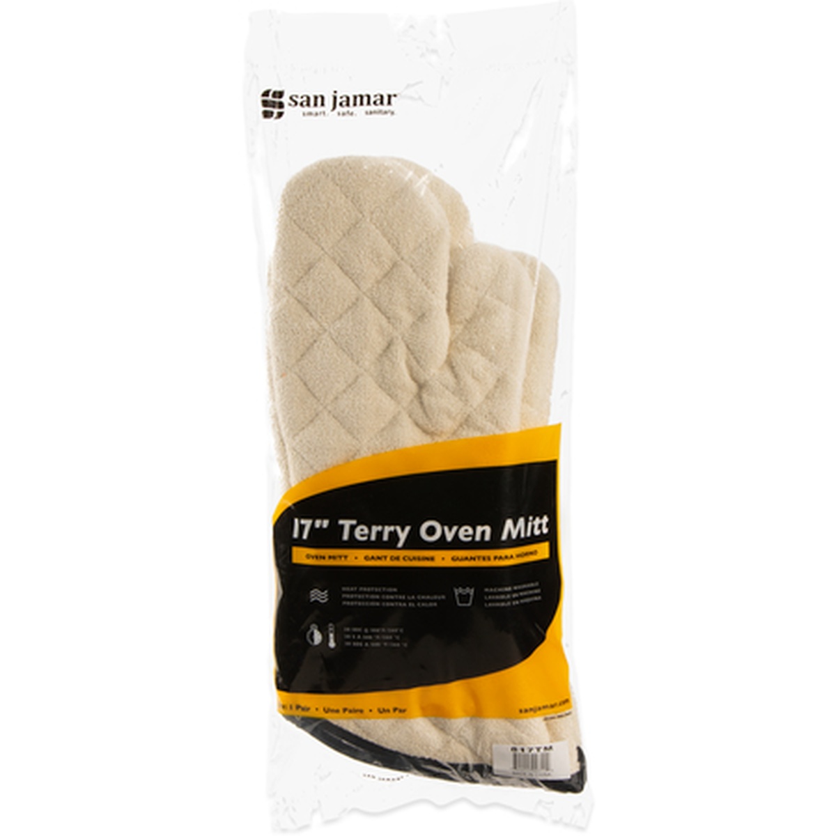 San Jamar 817TM 17-inch tan terry oven mitt pair in retail packaging