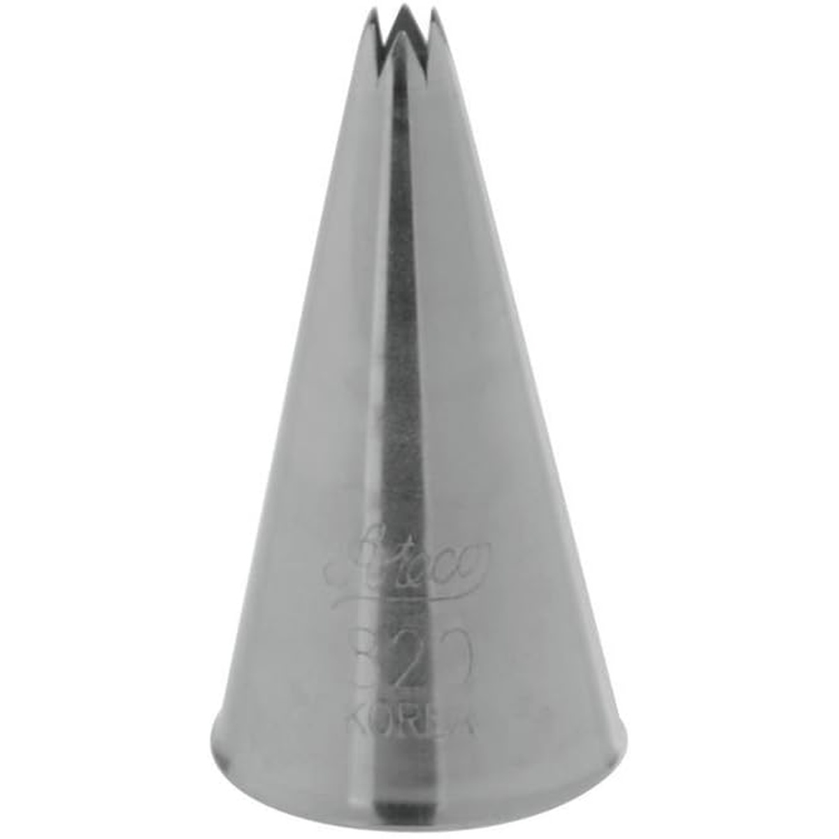 Ateco 820 open star pastry tip side view showing engraved logo and number on stainless steel cone