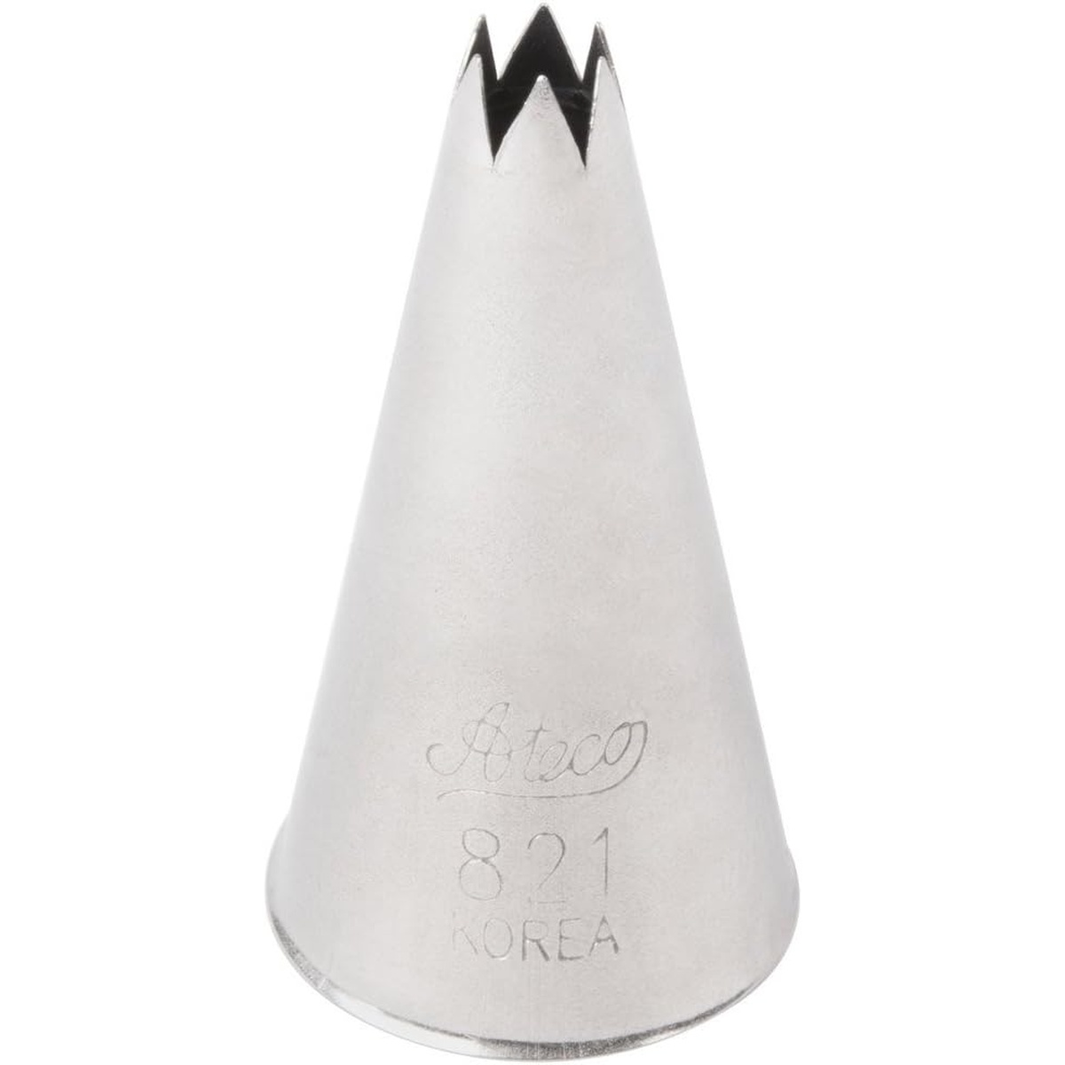 Ateco 821 Open Star Pastry Tip in stainless steel, cone-shaped with star opening, model number engraved on body