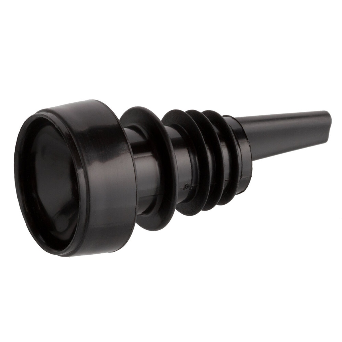 Franmara Twist-Pour black wine stopper and pourer showing ribbed seal body and narrow pour spout