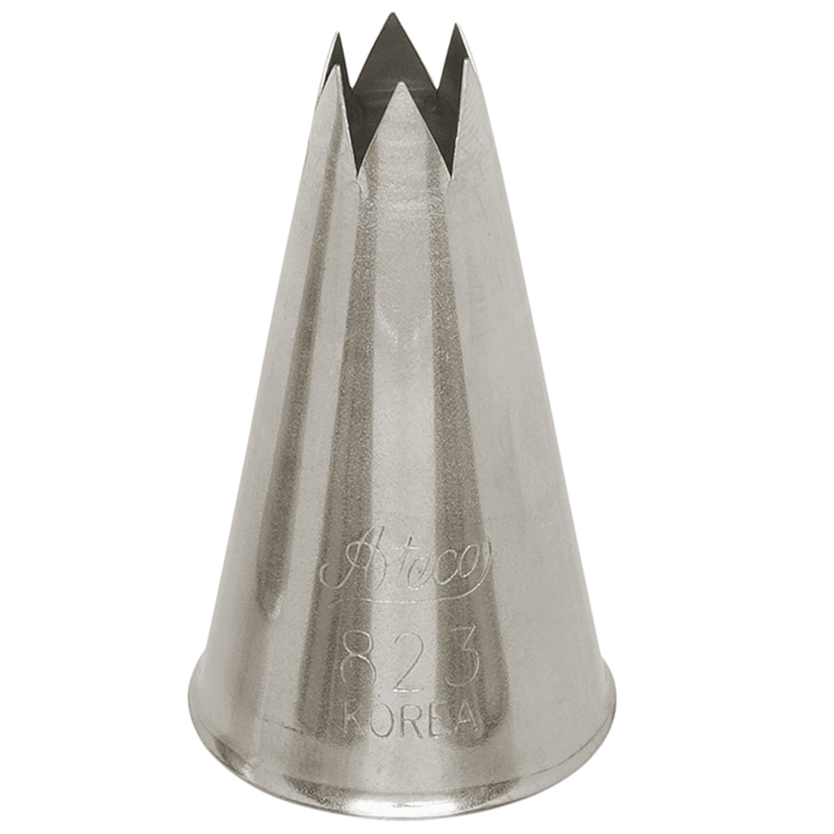 Ateco 823 open star stainless steel pastry tip showing multi-point star opening, engraved with Ateco 823 Korea