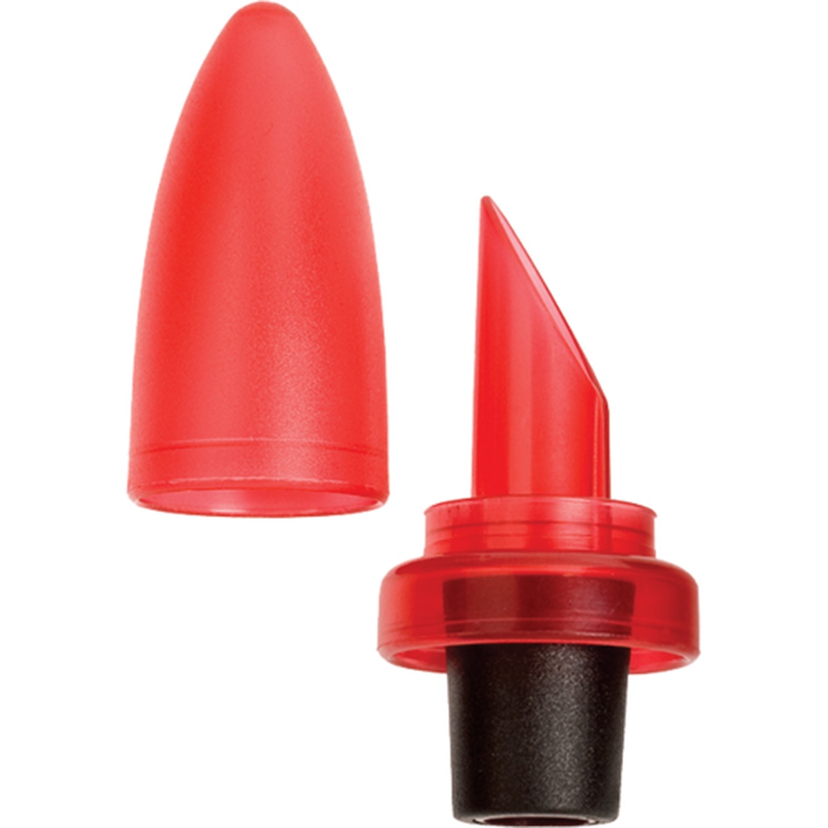 Franmara 8230-PC red snap-seal bottle pourer shown disassembled with cap and pourer spout alongside black rubber insert base