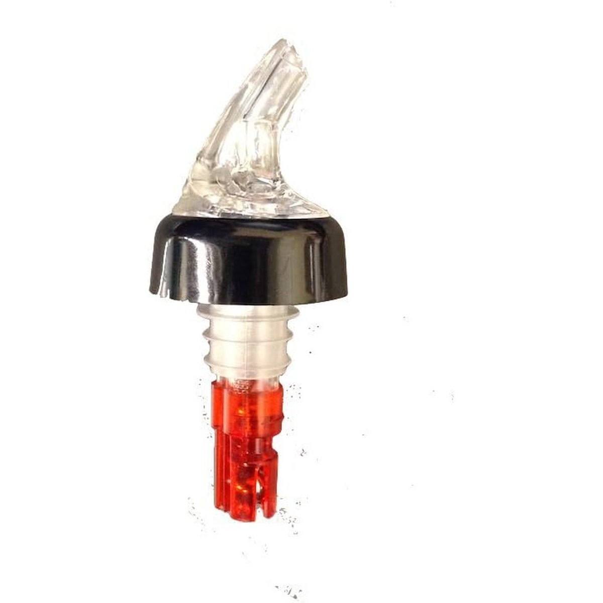 Franmara Posi-Pour 2000 liquor pourer with clear acrylic spout, black collar, and red measured insert
