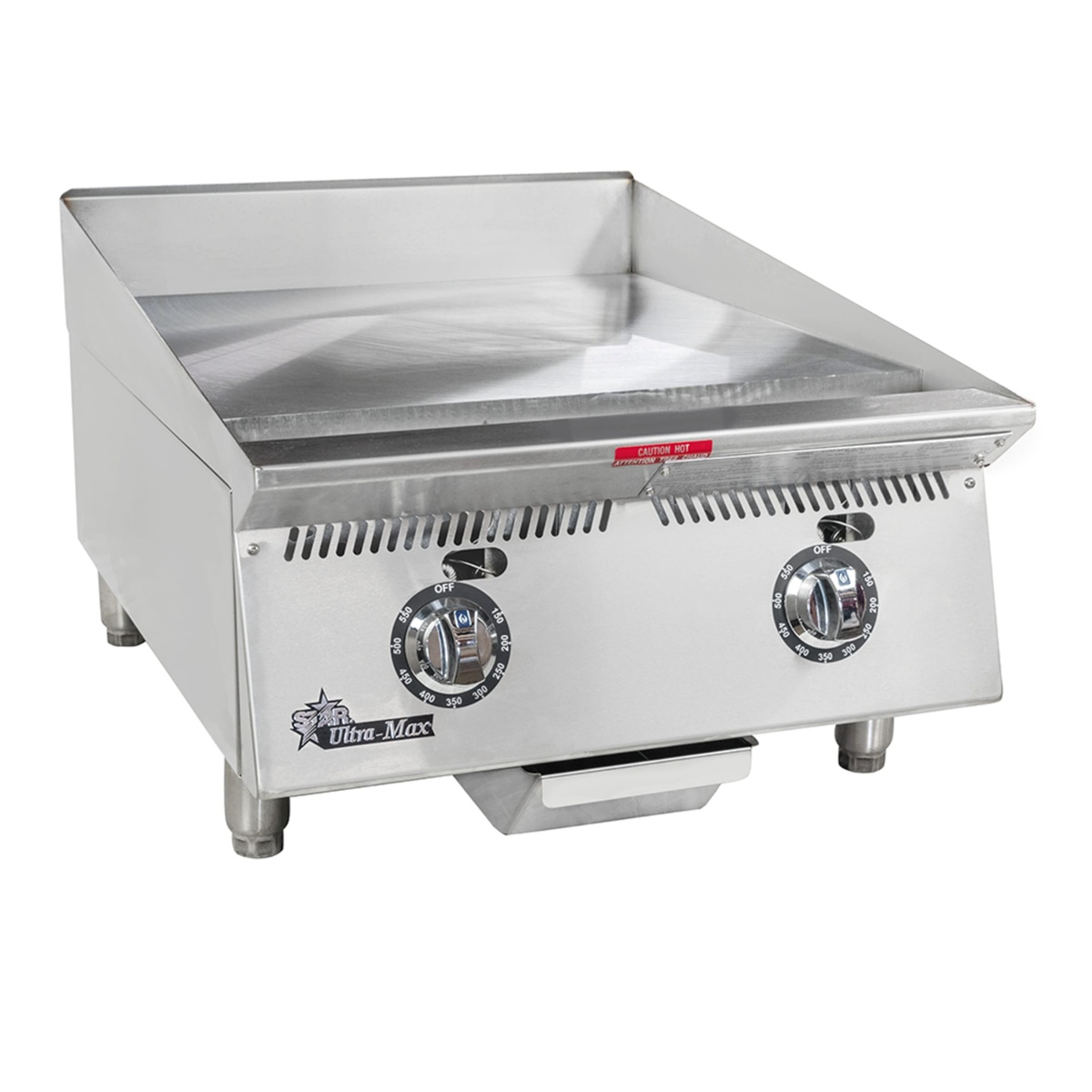 Angled view of Star 824TA griddle showing thick polished steel plate and grease tray