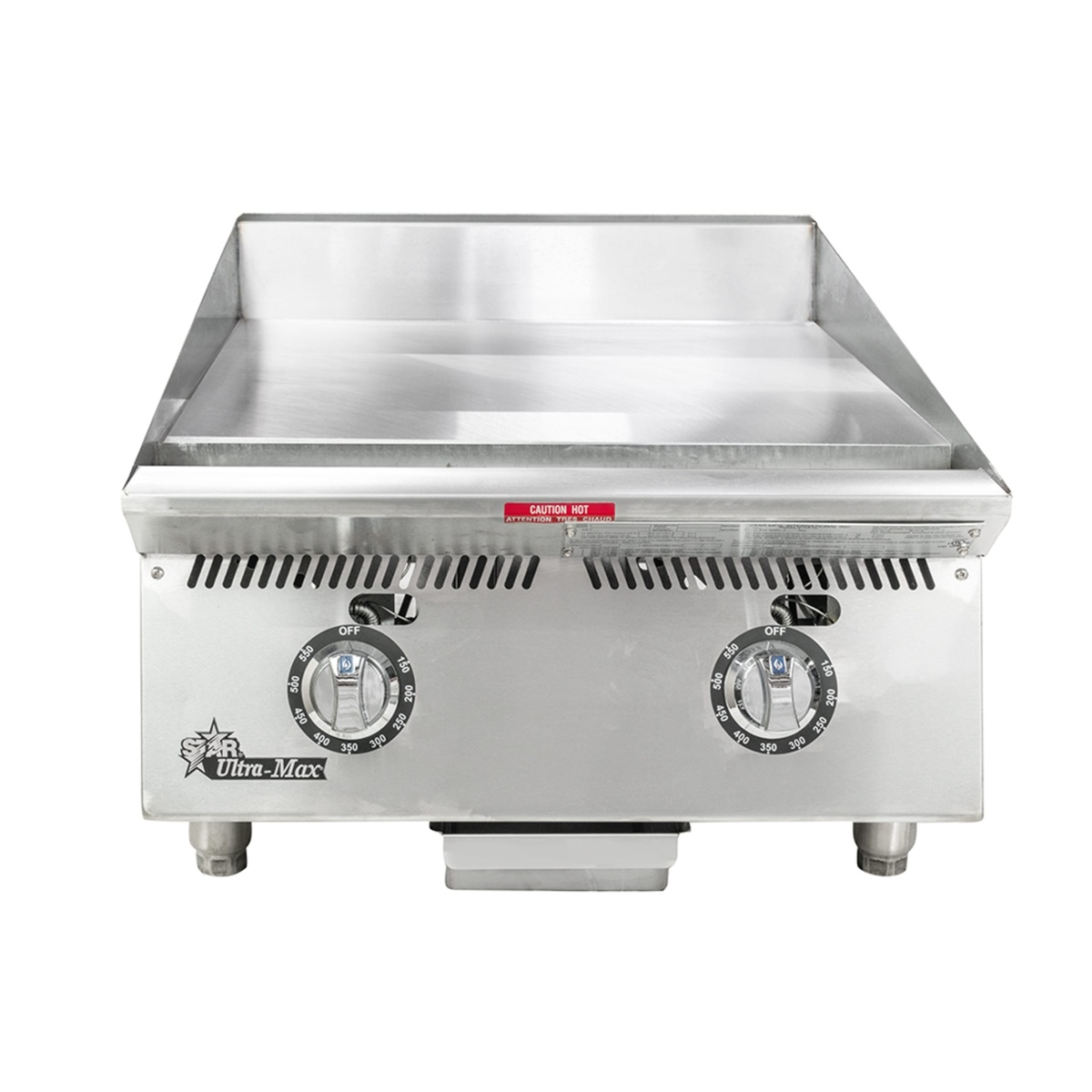 Front view of Star Ultra-Max 824TA griddle with splash guards and grease trough
