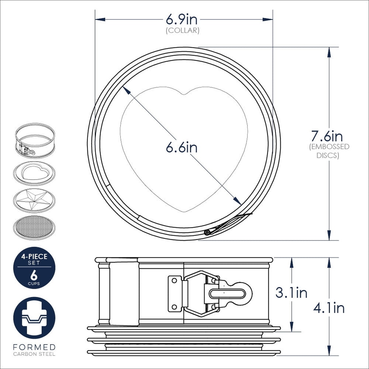Technical diagram of Nordic Ware springform pan showing collar diameter of 6.9 inches, embossed disc diameter of 7.6 inches, interior height of 3.1 inches, and overall height of 4.1 inches