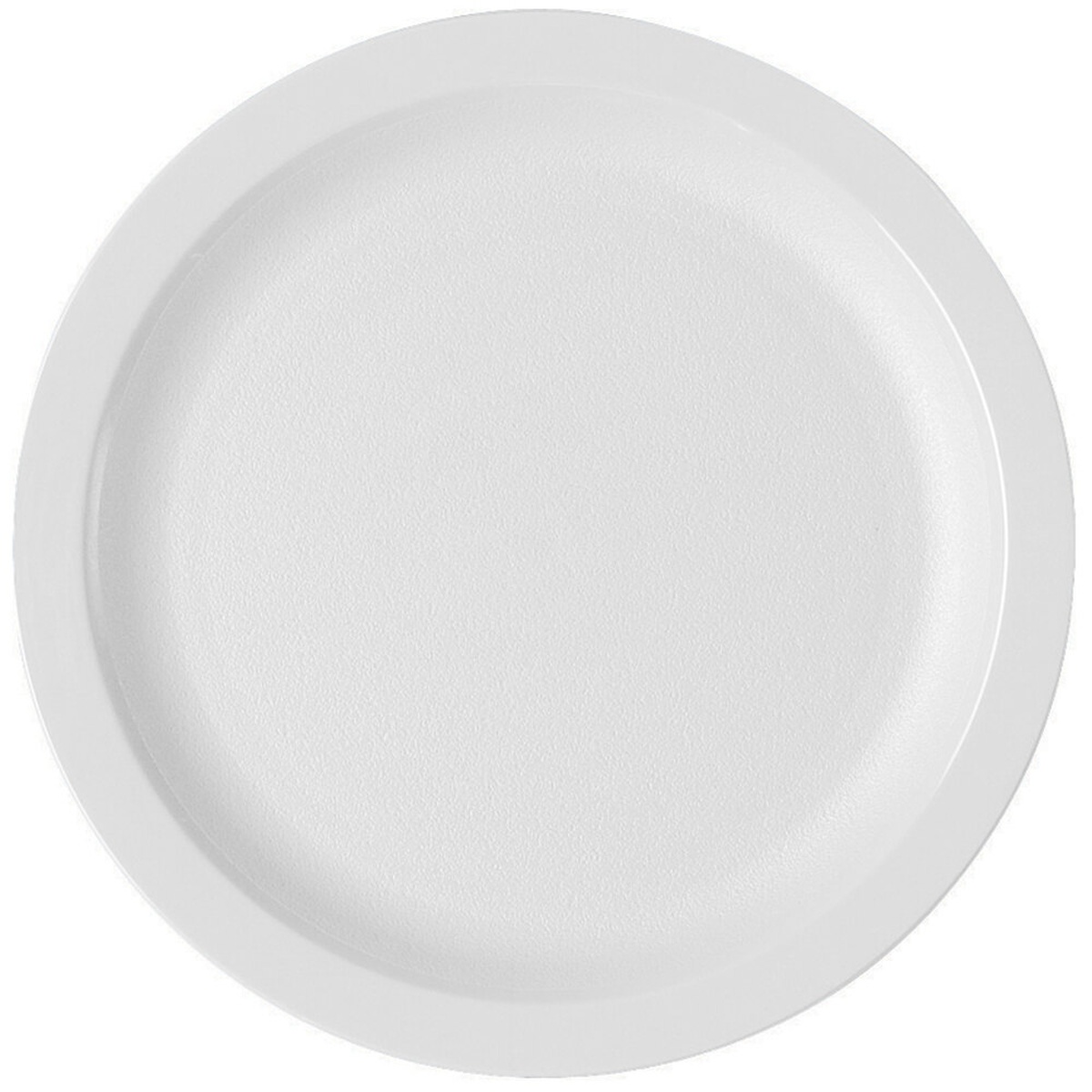 Cambro 825CWNR148 white polycarbonate narrow rim plate, top-down view showing textured surface and narrow rim