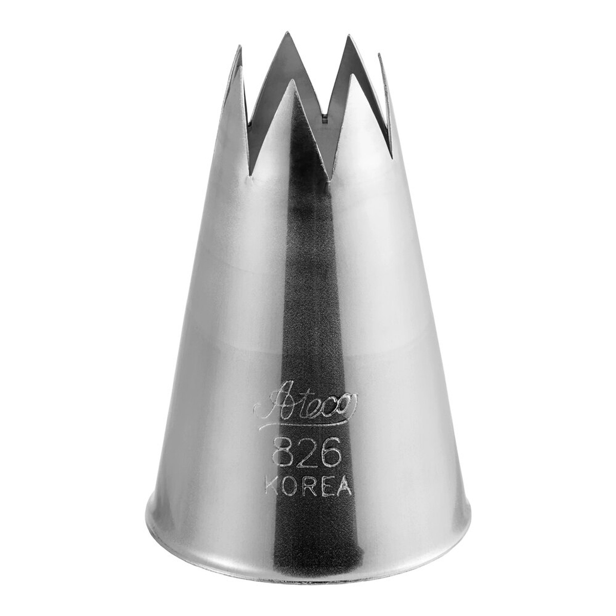 Ateco 826 open star piping tip, stainless steel, viewed from the front showing the star-cut opening