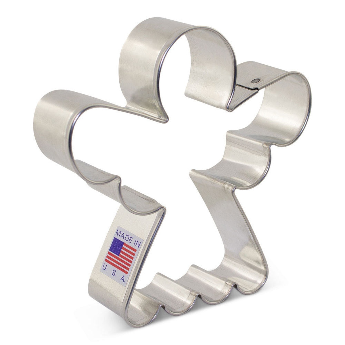 Angel-shaped metal cookie cutter with Made in USA label