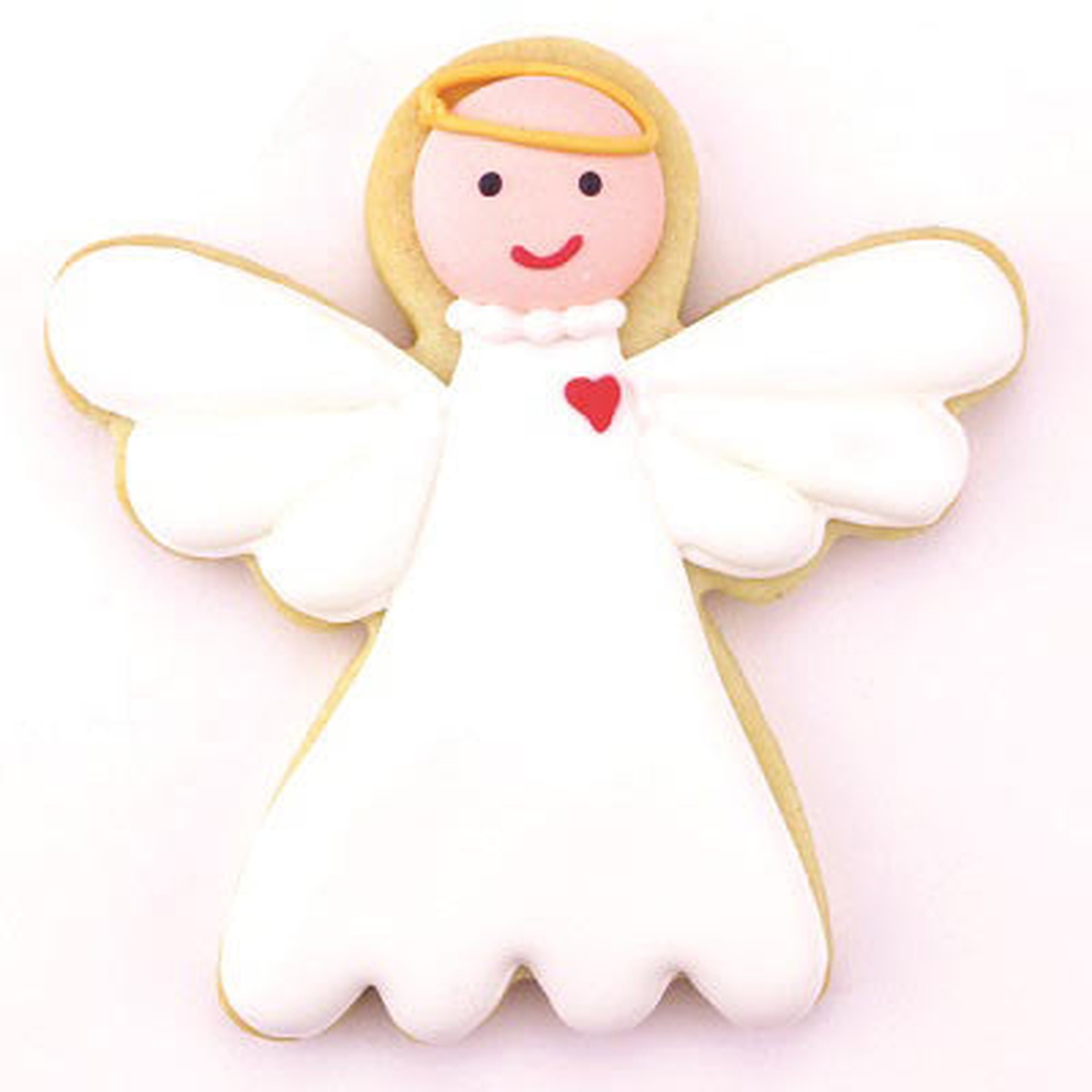 Decorated angel-shaped sugar cookie with white royal icing, golden halo, and heart detail