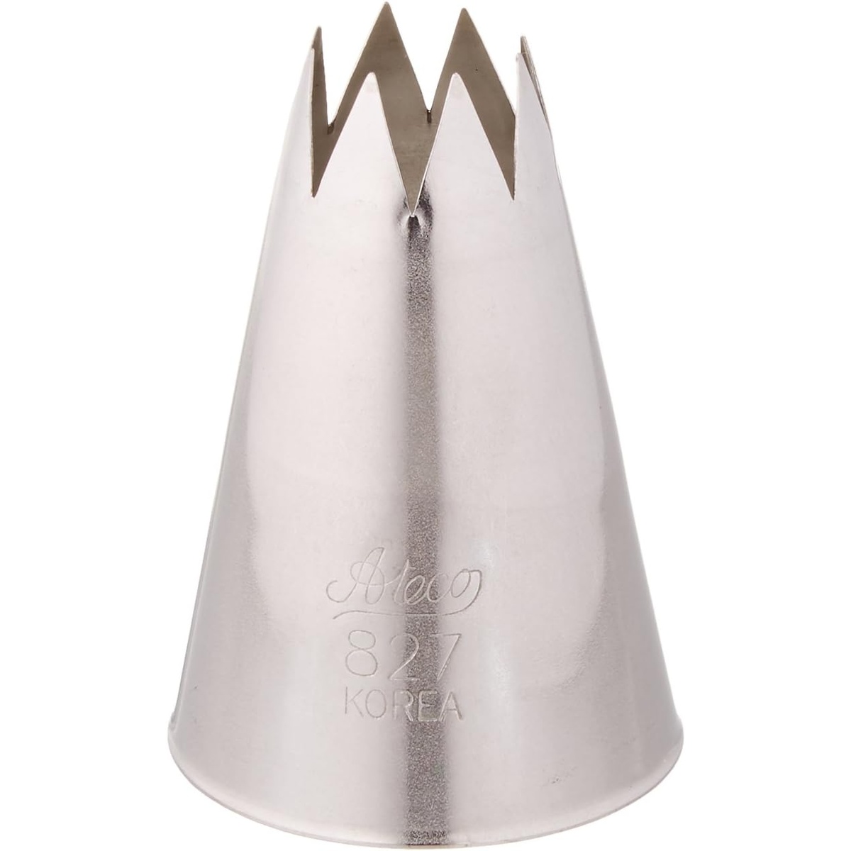 Ateco 827 open star pastry tip front view showing engraved Ateco 827 KOREA markings and star-shaped opening