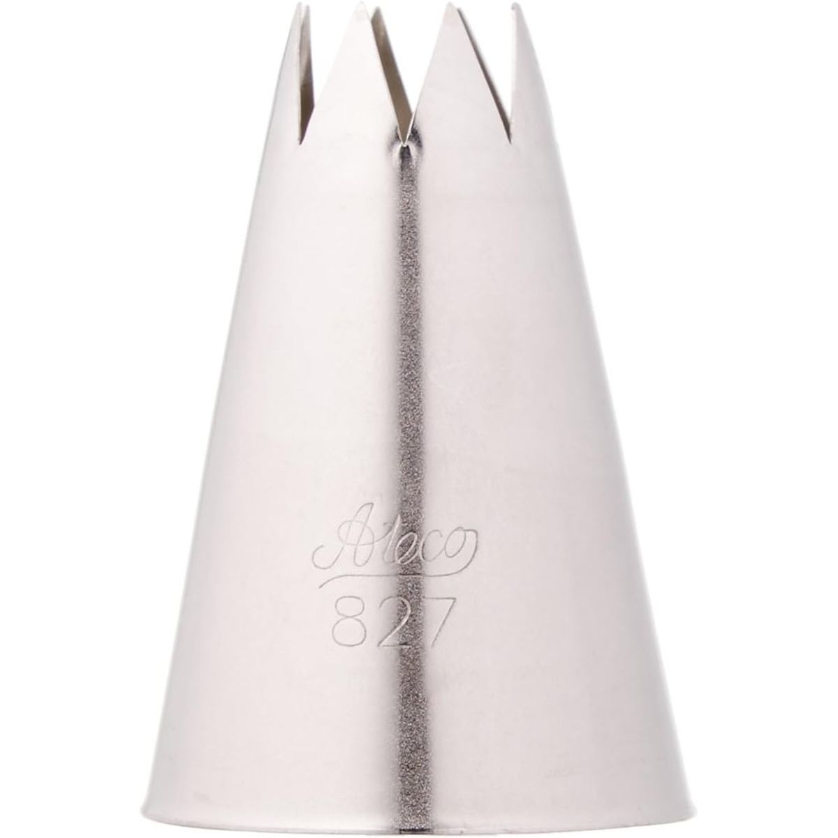 Ateco 827 open star pastry tip side angle view showing the deep star-cut teeth and tapered cone body