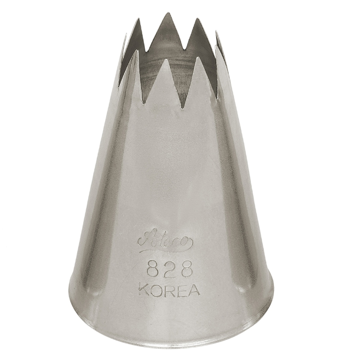 Ateco 828 open star stainless steel pastry tip showing sharp star-shaped opening and embossed branding
