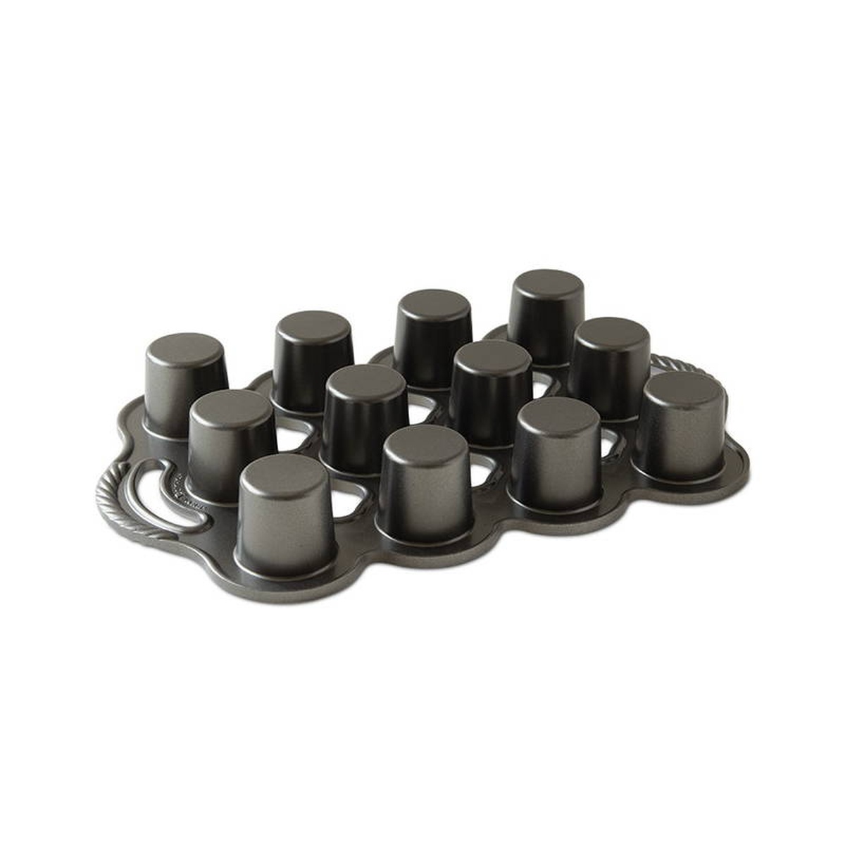 Nordic Ware 12-cavity cast aluminum popover and muffin pan, full view showing all cups and decorative handles