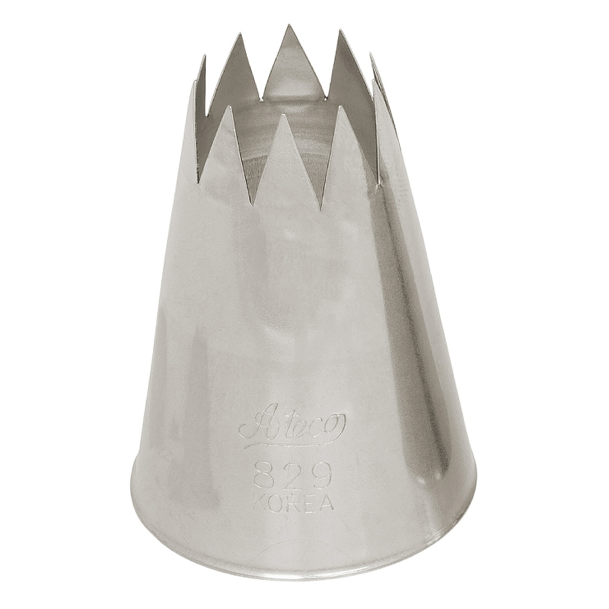 Ateco 829 open star pastry tip in stainless steel, showing sharp star-shaped serrated opening and stamped brand markings