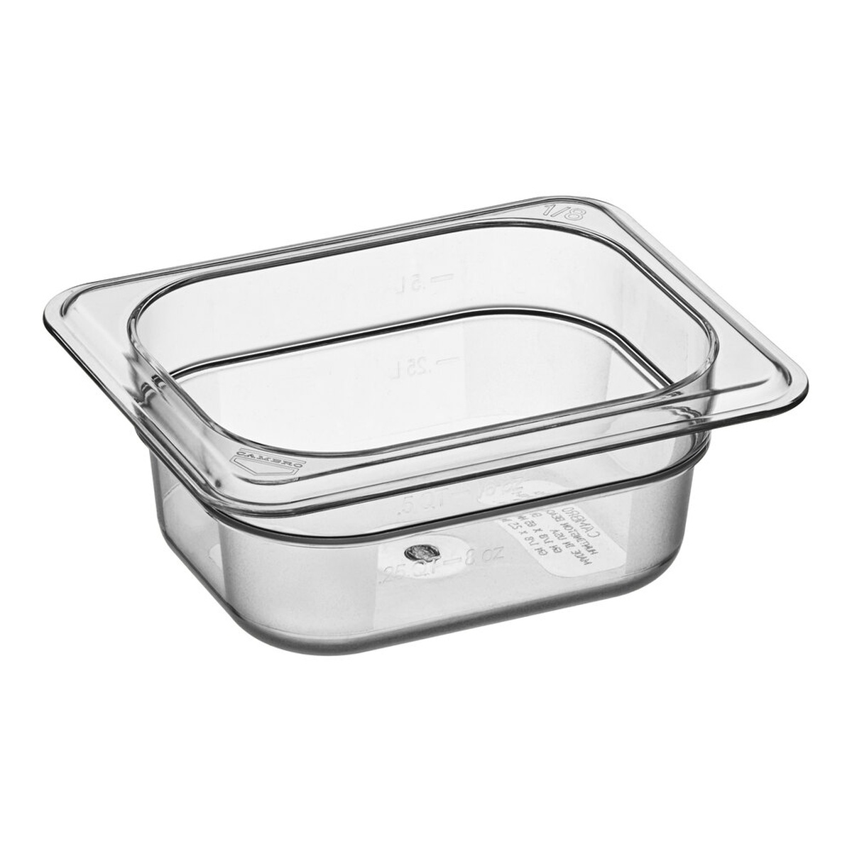 Cambro 82CW135 1/8 size clear polycarbonate food pan with molded-in graduation markings, shown from above at an angle