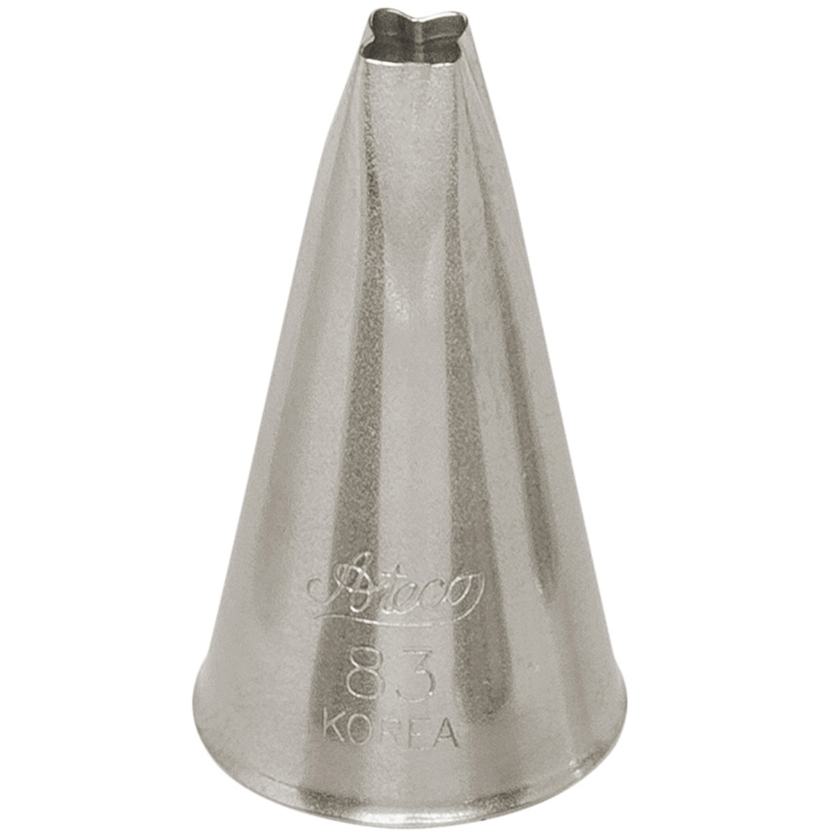 Ateco #83 stainless steel square piping tip showing the square opening at the top and engraved branding on the cone body
