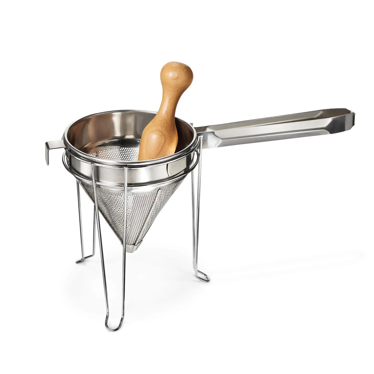 Weston stainless steel cone strainer on chrome-plated support stand with solid wood pestle