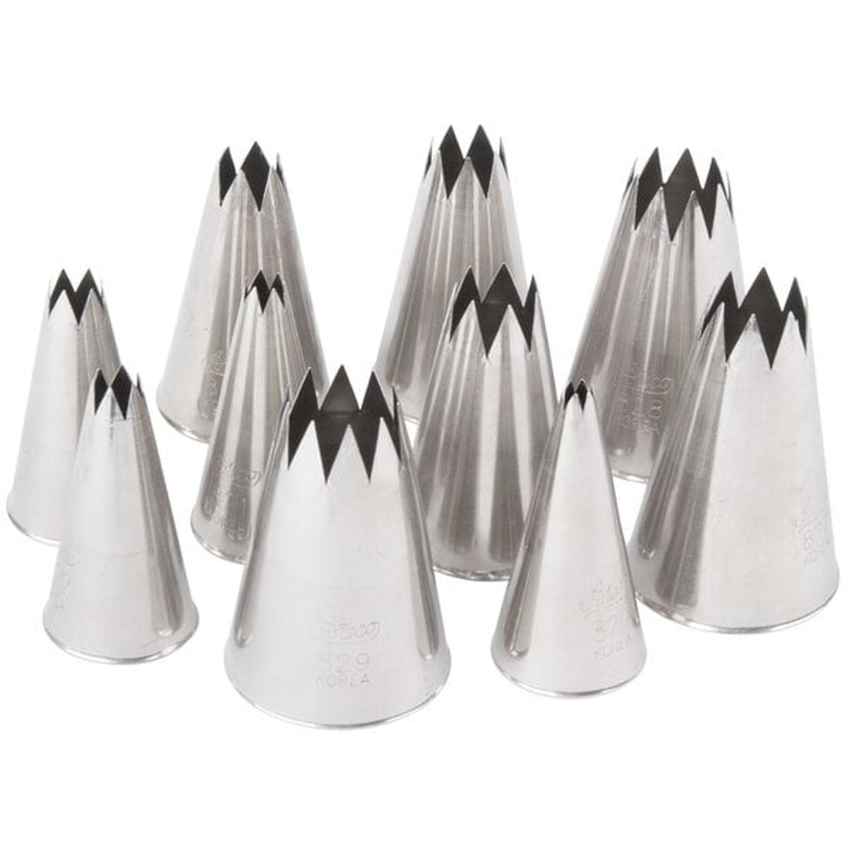 Ateco 830 open star piping tips displayed from an elevated angle showing the star-cut openings