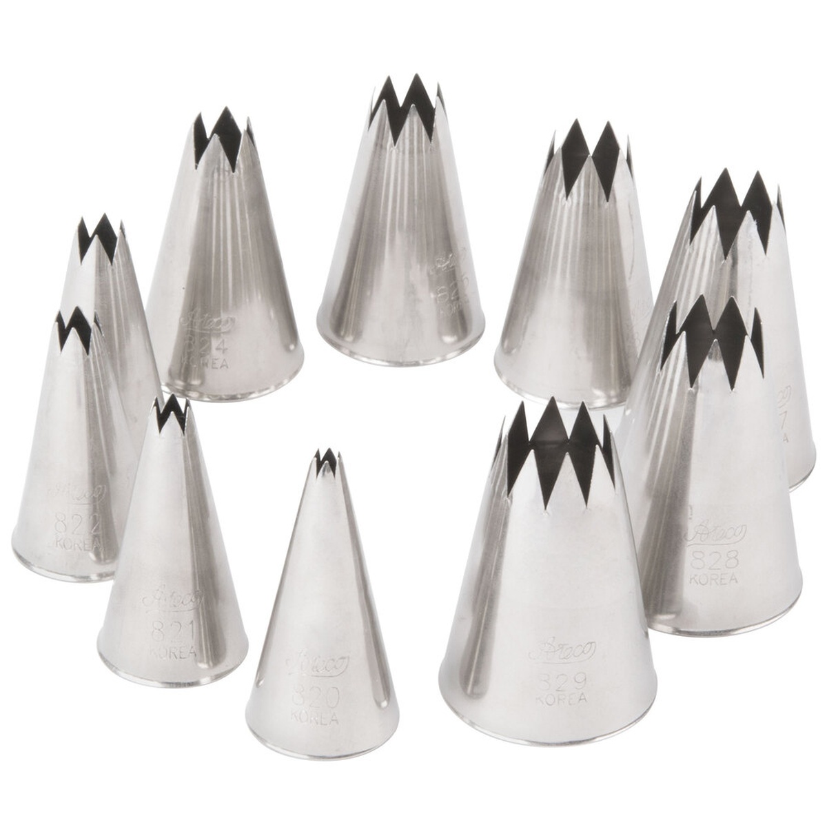 Ateco 830 set of 10 stainless steel open star piping tips arranged by size on white background