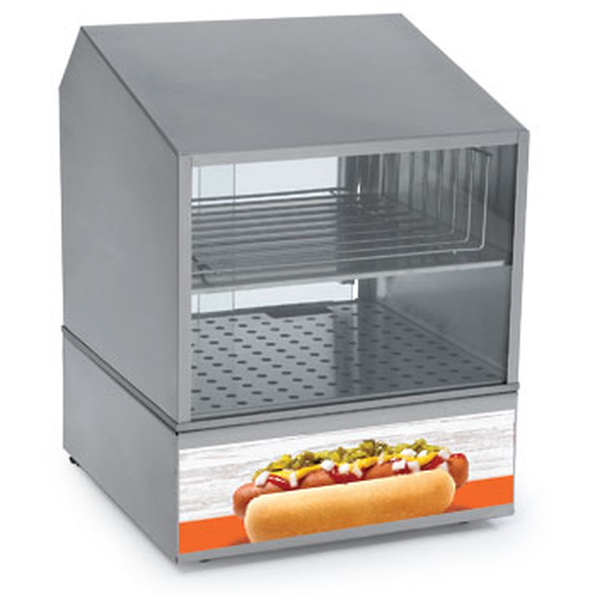 Nemco 8300 hot dog steamer rear angle view showing tempered glass back panel, stainless steel construction, and bun rack interior