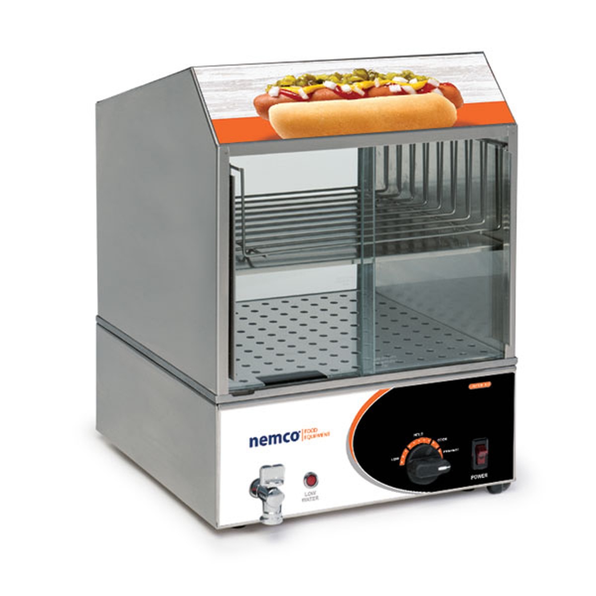 Nemco 8300 countertop hot dog steamer front view showing stainless steel cabinet, tempered glass sliding doors, thermostat knob, and Nemco branding