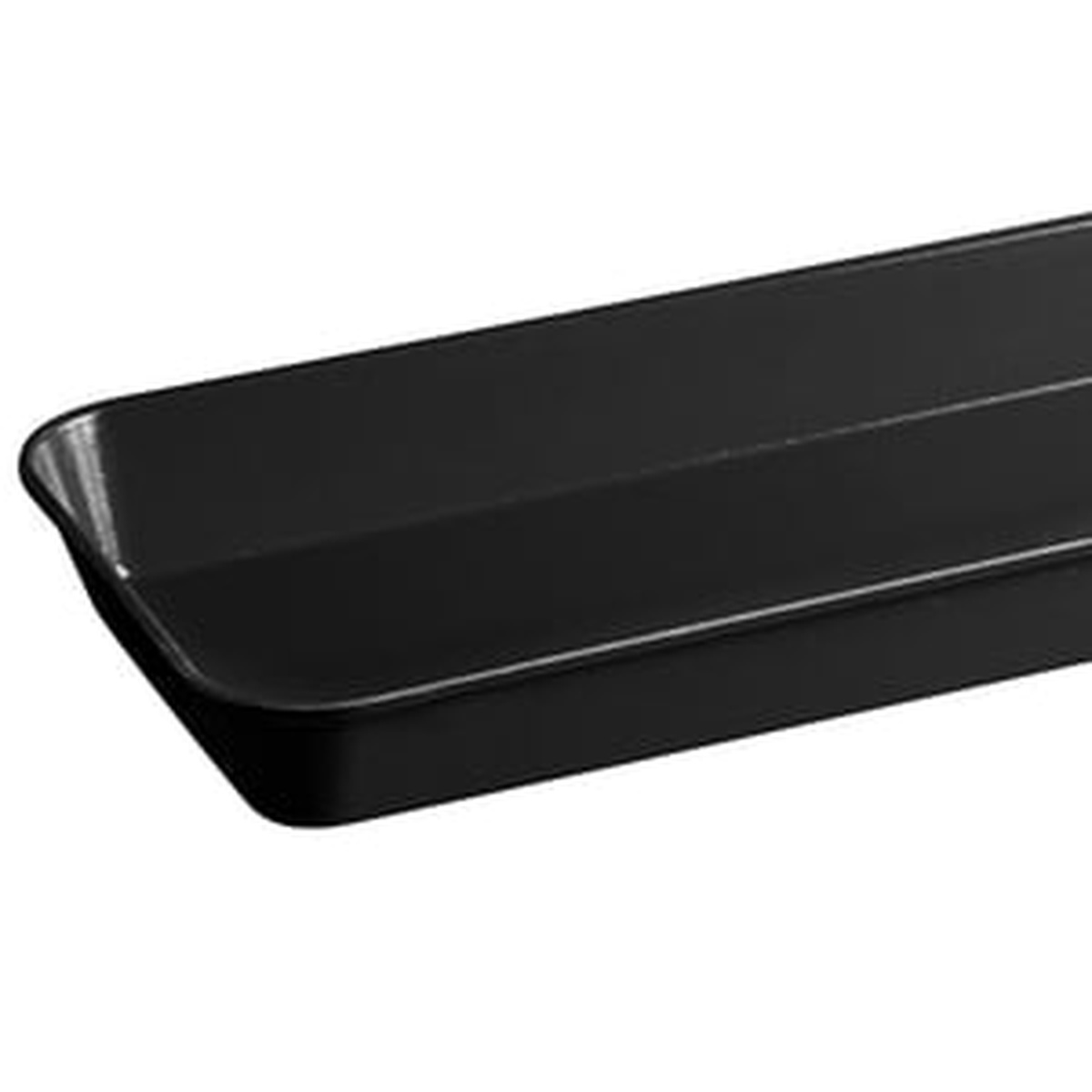 Angled close-up of the Cambro black fiberglass market tray rim and corner detail