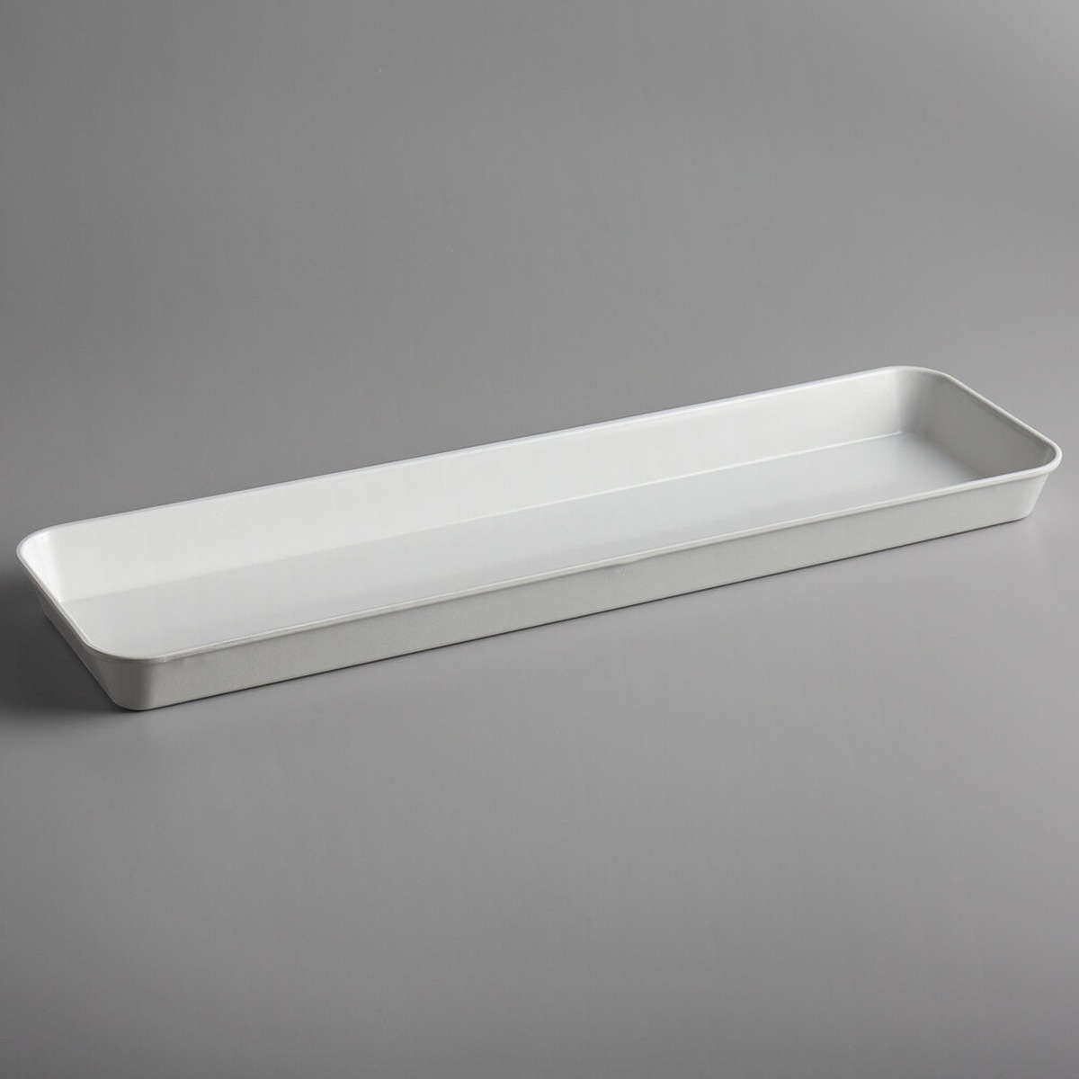Cambro 8302MT148 white rectangular fiberglass market pan, full view on gray background