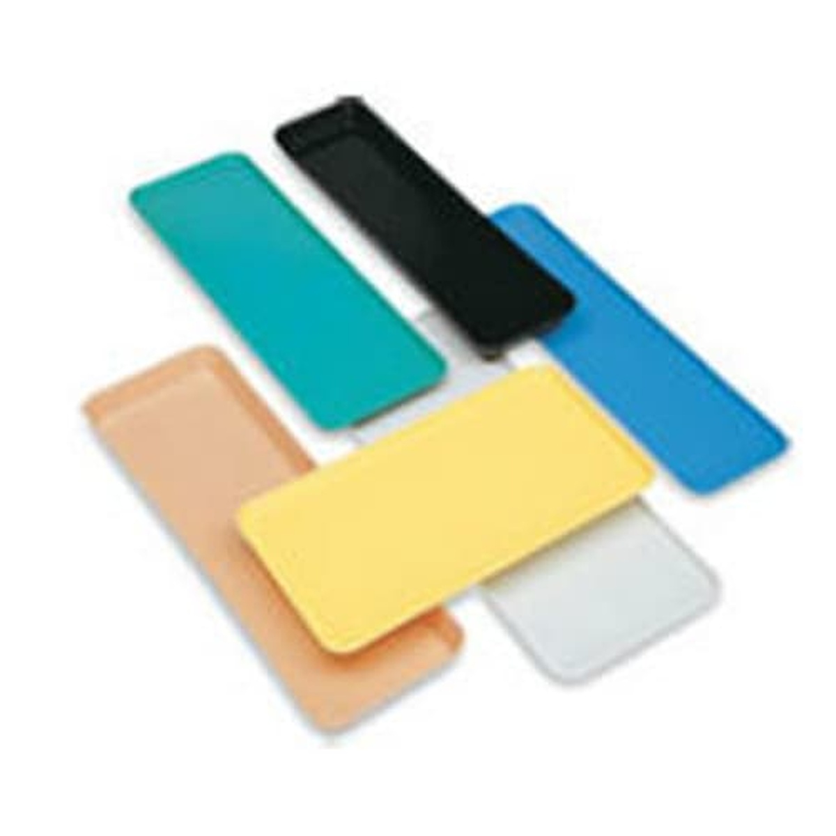 Cambro market display trays shown in multiple colors including black, green, blue, yellow, white, and tan