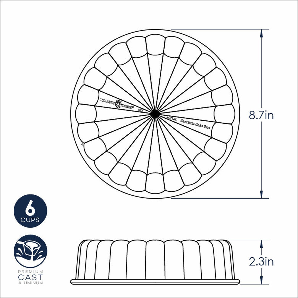 Nordic Ware Charlotte Cake Pan technical dimension diagram showing 8.7 inch diameter and 2.3 inch height with 6-cup capacity and premium cast aluminum callouts