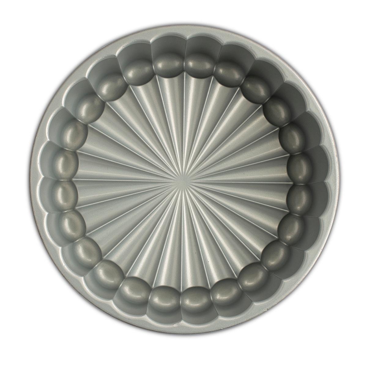 Nordic Ware Charlotte Cake Pan interior view showing silver nonstick coating with detailed pleated and beaded mold pattern