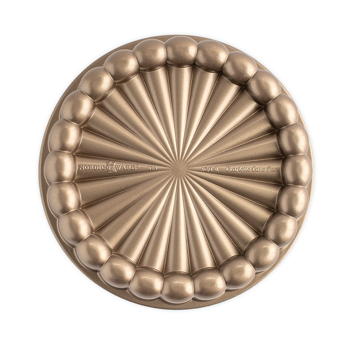 Nordic Ware Charlotte Cake Pan exterior view showing gold cast aluminum finish with radiating pleated pattern and beaded border