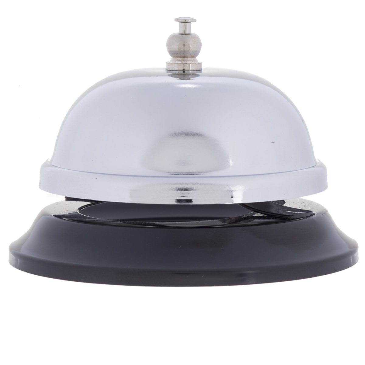 Tablecraft 8381 chrome-plated call bell with black plastic base, front view