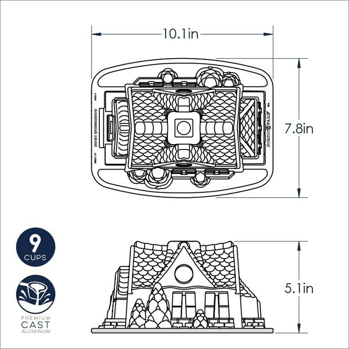 Technical dimension diagram of the Nordic Ware Gingerbread House Bundt Pan showing 10.1 inch length, 7.8 inch width, and 5.1 inch house height, with 9-cup and Premium Cast Aluminum callouts