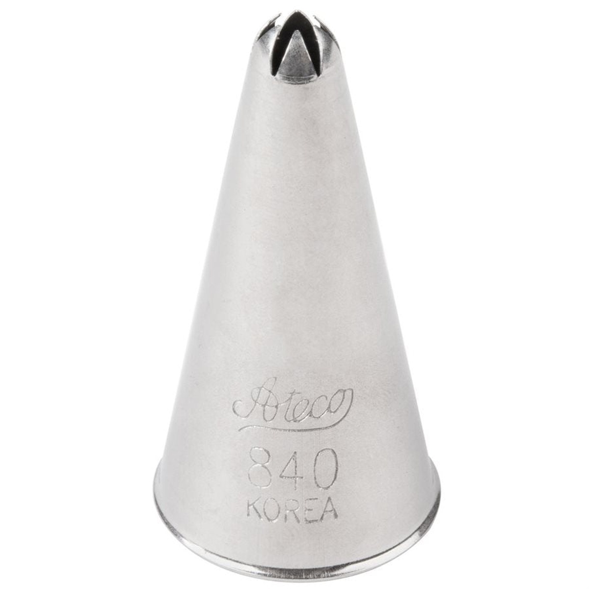 Ateco 840 closed star pastry piping tip in stainless steel, showing the closed star opening at top