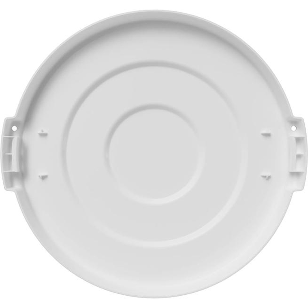 Top-down view of white Bronco round waste bin lid showing dual locking tabs on opposite sides