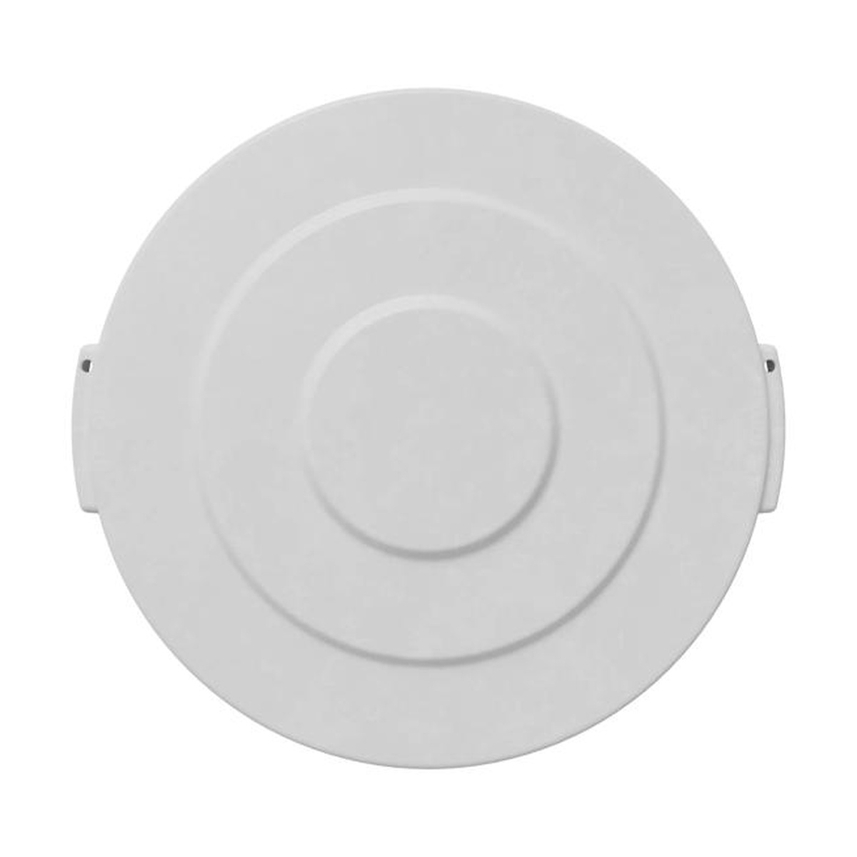 Top view of white Bronco round waste bin lid showing smooth contoured surface and locking tabs