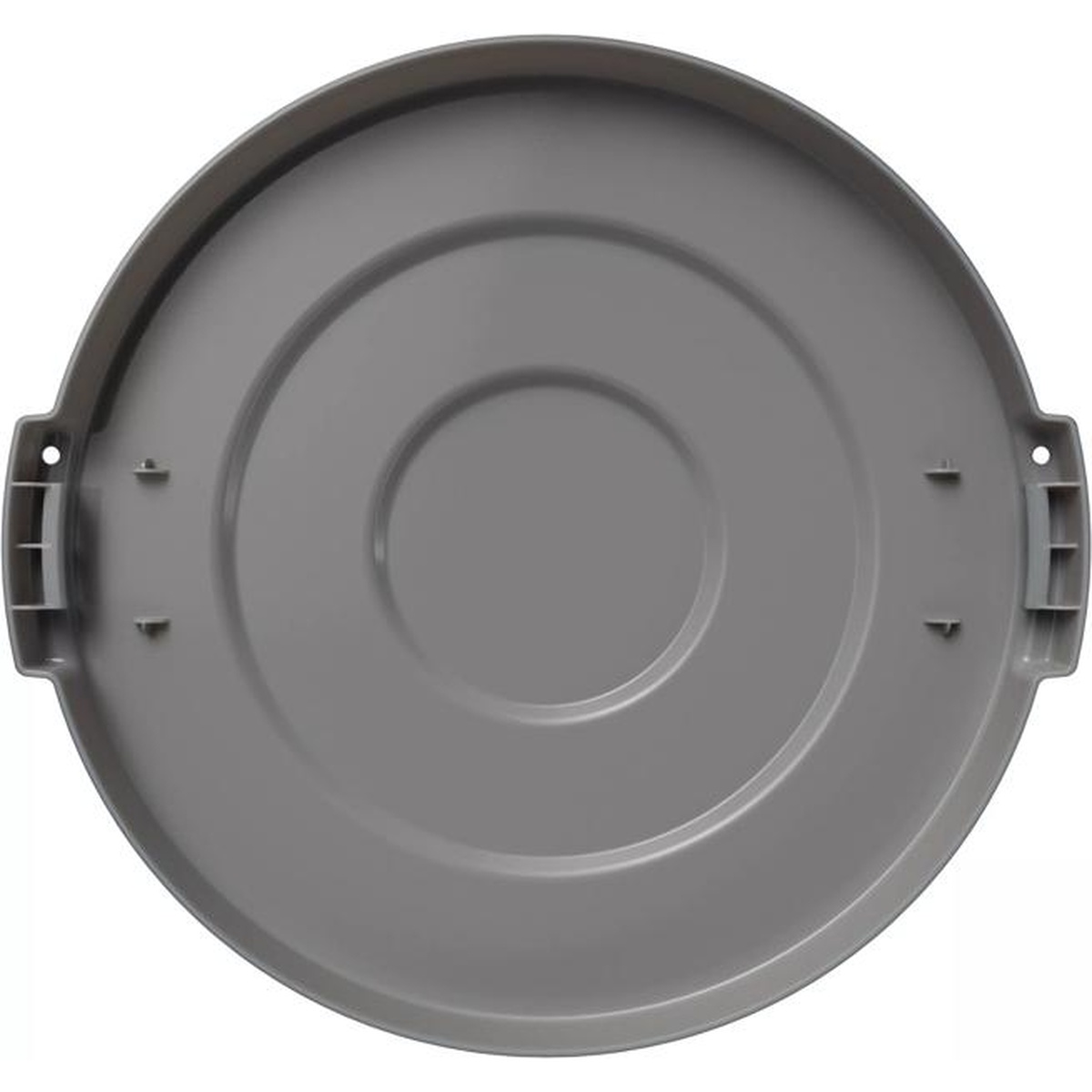 Gray Bronco 10-gallon round flat trash can lid - underside view showing locking tab mechanism